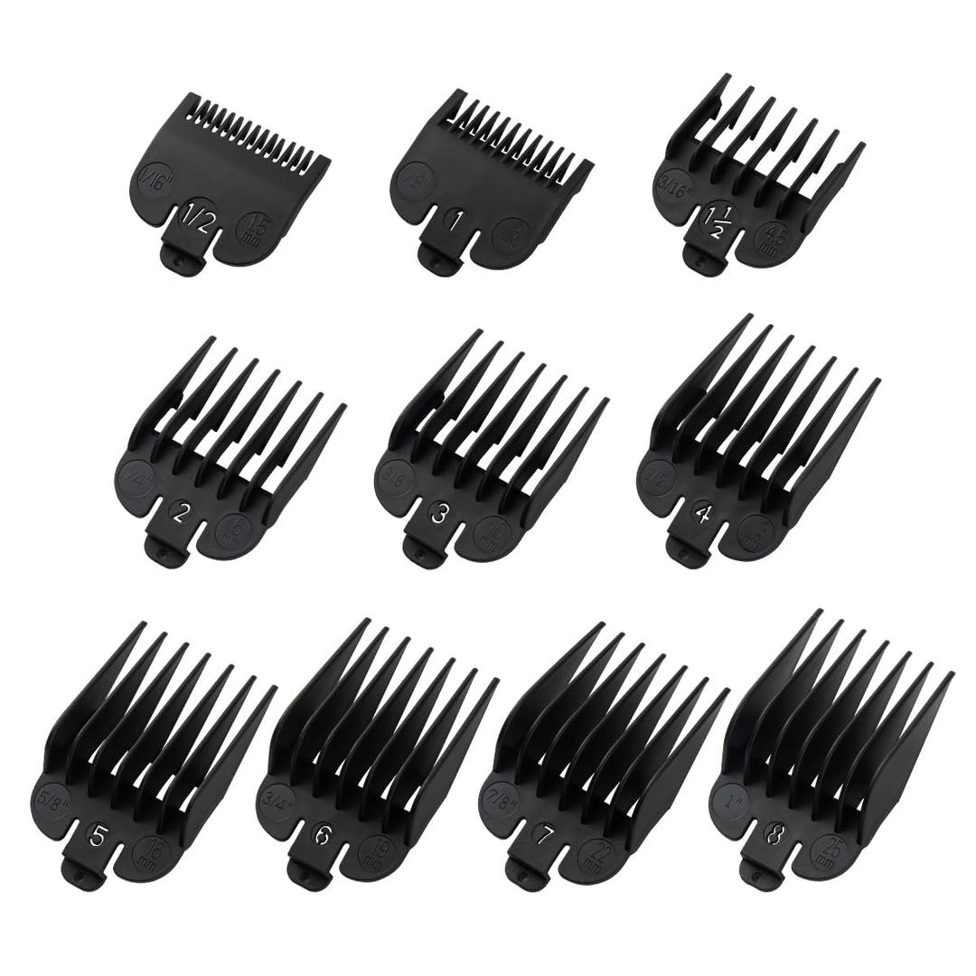 Clipper Guards Set Compatible with Wahl Clippers (Not for All Models), Clipper Guides Replacement - 1/16" to 1", 10 Piece Set, Black Color