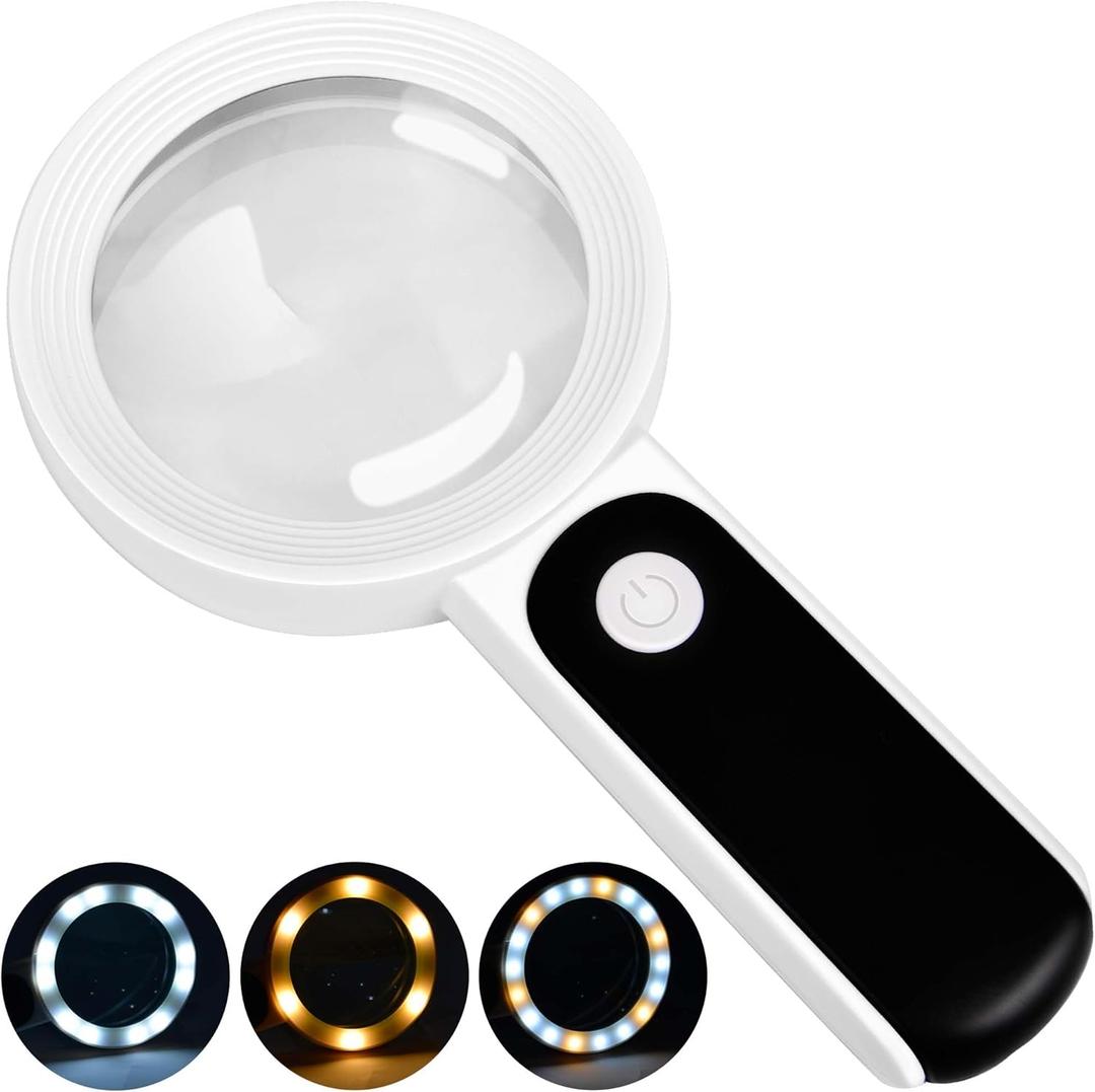 Magnifying Glass with Light, High Magnification Handheld Large Magnifying Glass 18LED Cold and Warm Light with 3 Modes, Illuminated Lighted Magnifier for Seniors Reading, Coins, Jewelry, Exploring (White)