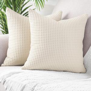 MANDIOO Set of 2 Waffle Textured Decorative Throw Pillow Covers Soft Solid Cotton Cushion Cases Luxury Pillowcases for Couch Sofa Bed 16x16 Inches Beige MANDIOO Set of 2 Waffle Textured Decorative Throw Pillow Covers Soft Solid Cotton Cushion Cases Luxury Pillowcases for Couch Sofa Bed 16x16 Inches Beige