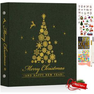 Lanpn Christmas Self Adhesive Photo Album Scrapbook, Linen Cover Christmas Tree Pattern DIY Sticky Magnetic Pages holds 4x6 5x7 A5 Picture for Xmas Holiday (Small-30 Sheets/60 Pages, Green)