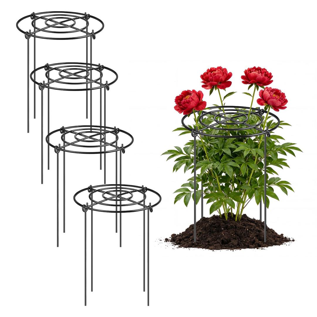 YHLYUZZ Peony Cages and Supports 4 Pack, 12x16 Inch Heavy Duty Metal Plant Cage for Outdoor Plants – Grow Through Flower Support Rings for Peonies, Roses, Tomatoes & Hydrangeas