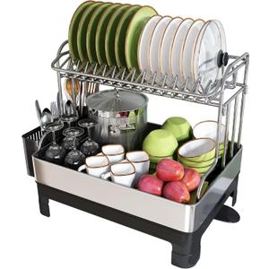 BOOSINY Extra Large Stainless Steel Dish Drying Rack, 2 Tier Dish Racks for Kitchen Counter, Dish Drainer with Drainboard Set, Full Size Dish Dryer Rack with Utensil Holder, Black