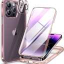 Miracase Glass Series Designed for iPhone 14 Pro Case 6.1 Inch, Upgrade Full-Body Bumper Case with Built-in 9H Tempered Glass Screen Protector, with Camera Lens Protector, Clear Pink