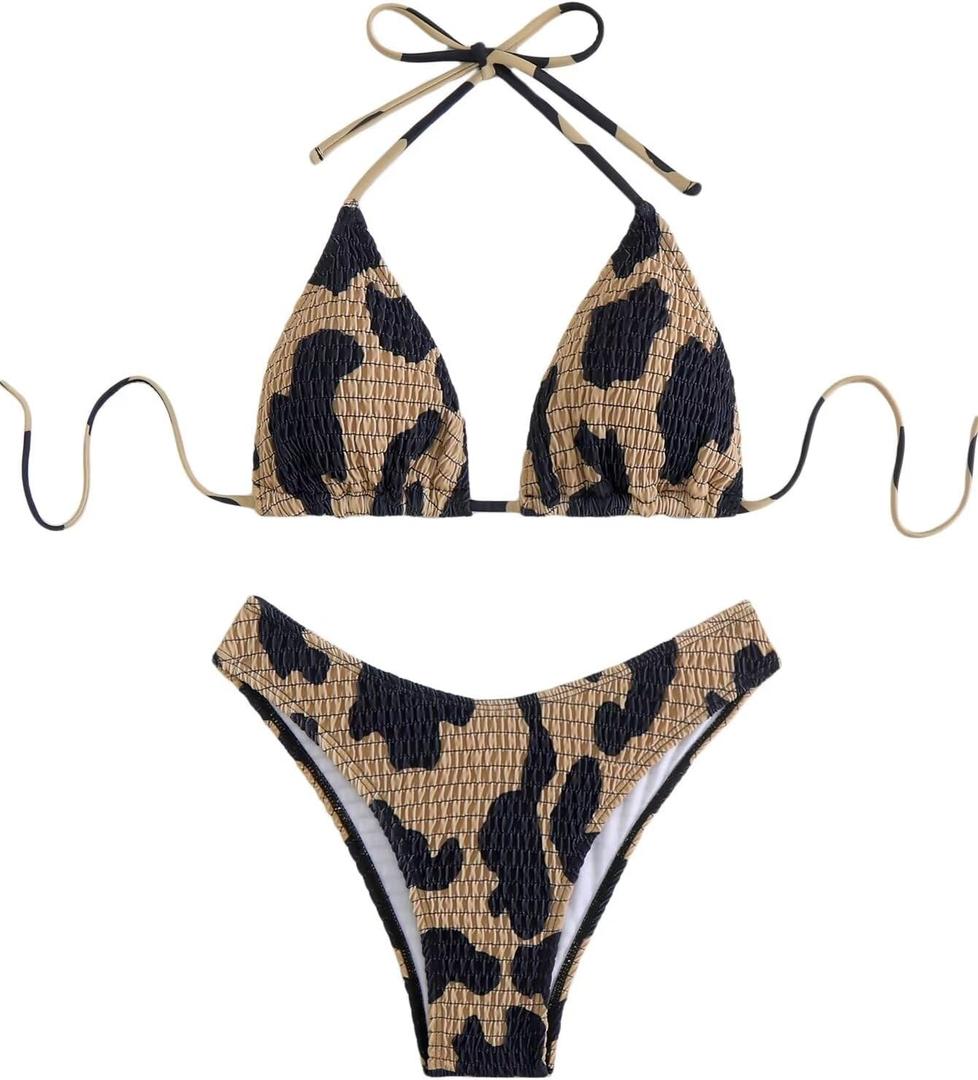 Women's Camo Halter Bathing Suit High Waisted Summer Swimsuit Bikini Set (Large, Brown)