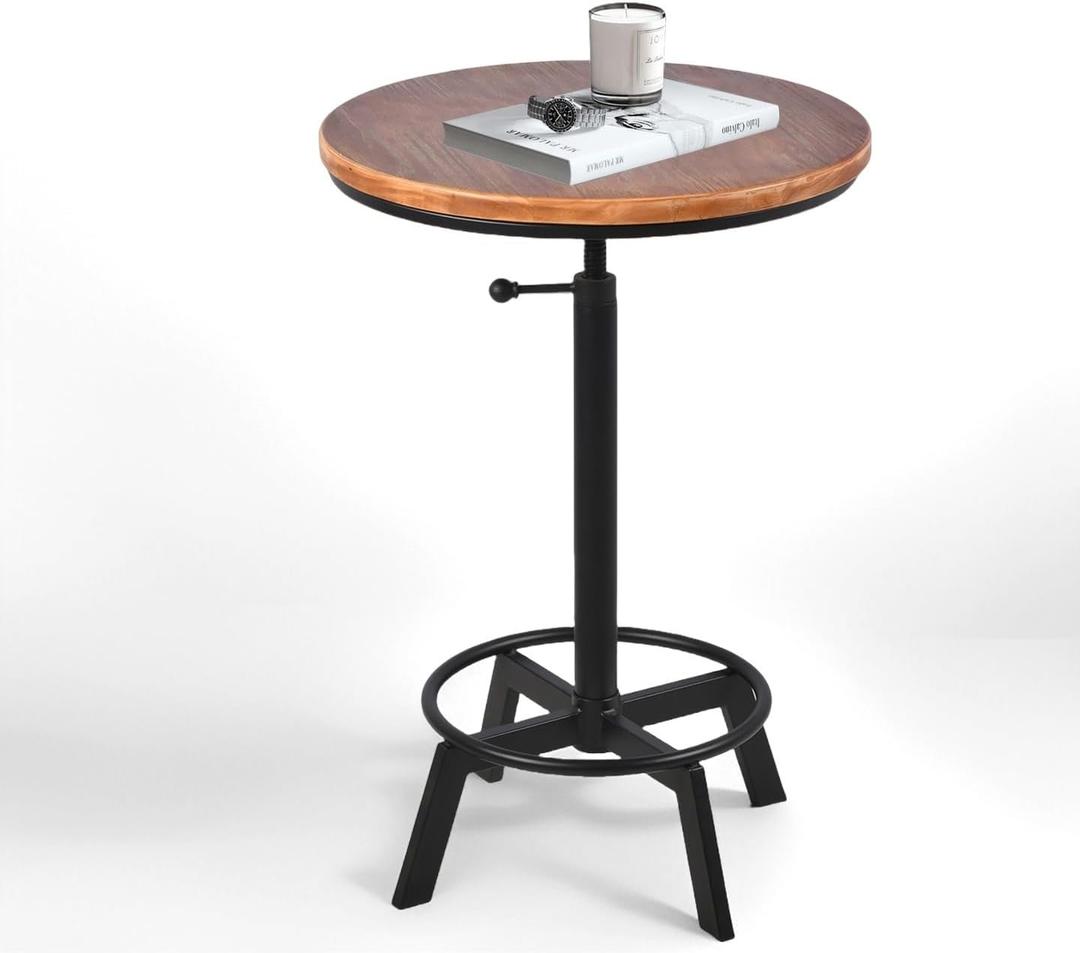Vintage Bar Table 30-35.4inch Height Adjustable Industrial Bistro Table Retro Dinning Table for Kitchen Coffee House Pub Swivel Wooden Top (60cm/23.6inch)
