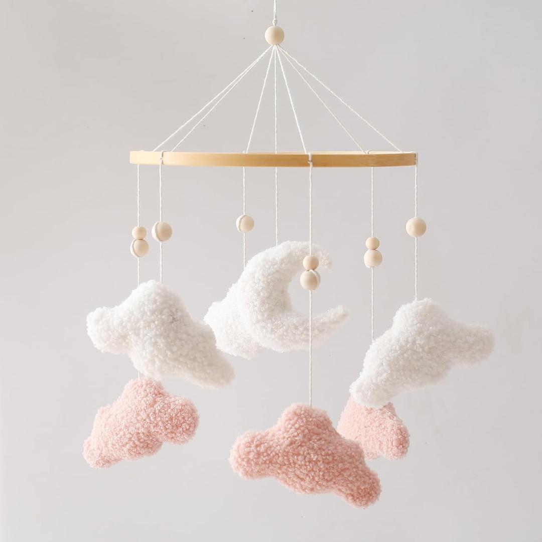 EERKEOD Baby Crib Mobile Bunny Nursery Mobile for Boys Girls Teddy Velvet Mobile Nursery Decor for Infant Bedroom Hanging Baby Mobile for Bassinet Newborn Baby GiftPink Clouds