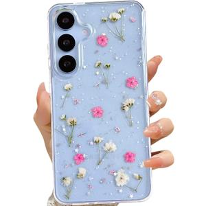 LSEEKA for Samsung Galaxy S25 S24 Clear Case with Pressed Real Dried Pink Flower Design,Transparent Glitter Cute Floral Slim Soft TPU Protective Phone Cover for Samsung Galaxy S25 S24