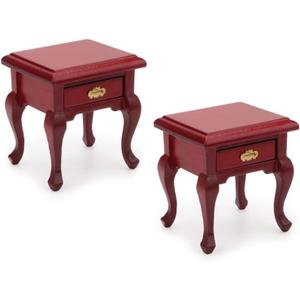 Miniature End Table 2PCS Dollhouse Furniture 1:12 Accessories Wooden BedroomNightstand Set of 2 Vintage Table Living Room Scene Bedroom Bedsides HouseModel Decoration (Red)