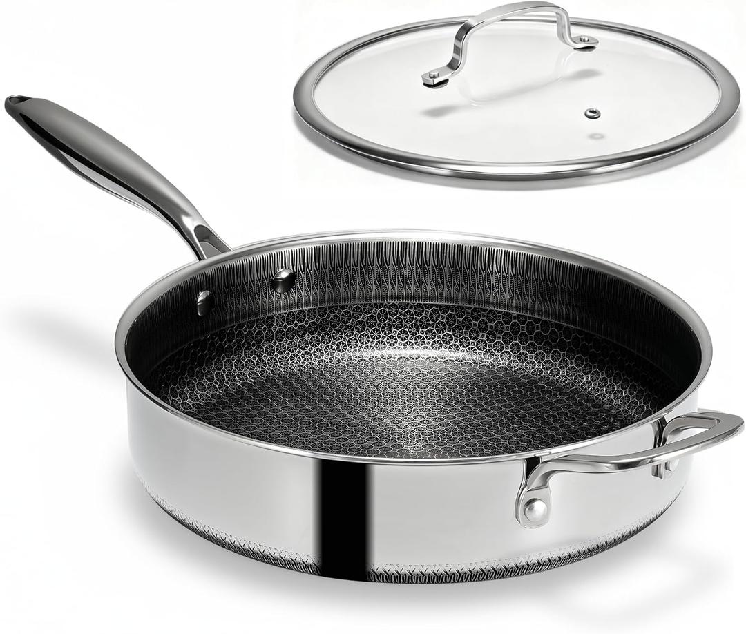 USELUCK-Non-electric deep fryers Hybrid Nonstick 5.5-Quart Deep Saut Pan with Tempered Glass Lid, Stay-Cool Handle, Dishwasher-Friendly, Oven-Safe, Induction Ready, Compatible with All Cooktops (Single Helper Handle)