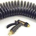 Hose Kit: 1/2" ID x 25' HP Quality Coiled Hose (Charcoal Gray) with Metal Body Spray Nozzle and Brass Quick Release Swivel Connector