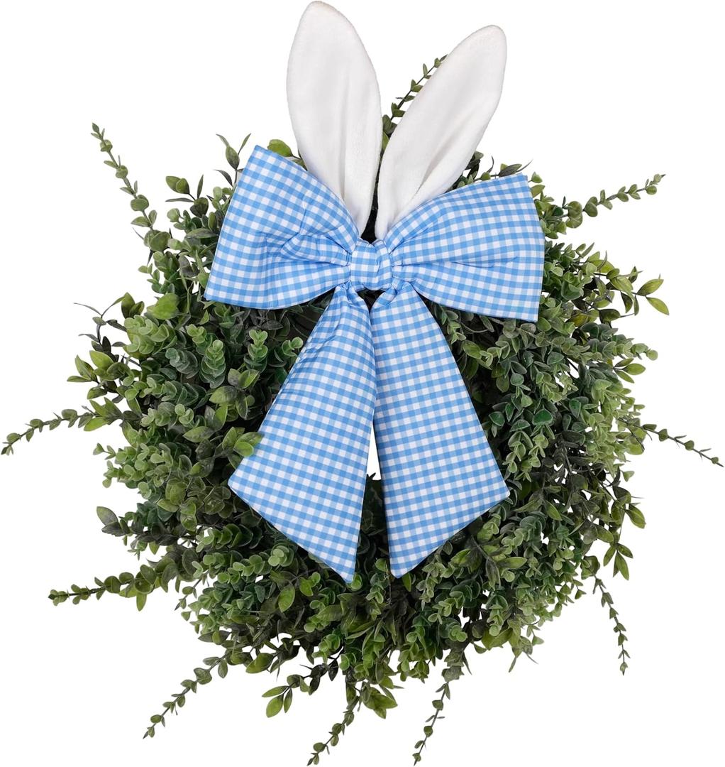 24" Easter Wreath for Front Door, Artificial Green Boxwood Spring Wreath with Bunny Ears & Blue Plaid Bow, Spring Easter Outdoor/Indoor Decor for Home Farmhouse Office Porch Wall Mantel Window