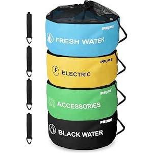 PR1ME 4 Pack Waterproof RV Hose Bag Storage, Utility Bag for Sewer Hose, Camper and RV Accessories, 4 Colors for Sewer and Fresh Water Hoses, Electrical Cords, Camper Tools Accessories