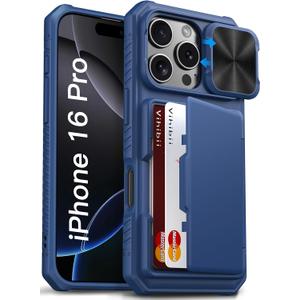 Vihibii for iPhone 16 Pro Wallet Case with Card Holder (4 Cards) [RFID Blocking] & Slide Camera Cover & Raised Edges Protect Screen, Shockproof Rugged Phone Case for iPhone 16 Pro 6.3" 2024, Blue