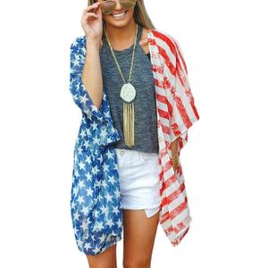 DDSOL Women's American Flag Kimono Cover up Beachwear Cardigan Loose Tops Shirt Blouse (1# Red)