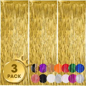 Voircoloria 3 Pack 3.3x8.2 Feet Gold Foil Fringe Backdrop Curtains, Tinsel Streamers, Fringe Backdrop for 2025 New Years Eve, Graduation, Birthday, Baby Shower, Gender Reveal, Disco Party