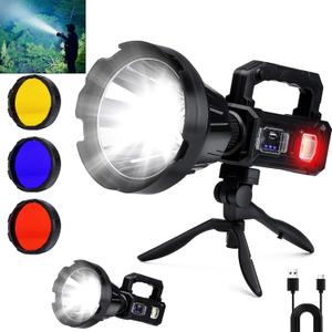 Rechargeable Spotlight Flashlight, Peascat 3,000,000L Lumens LED Handheld Spot Light, 6 Modes, 3 Colored Lenses, Solar & USB-C Charging, Tripod, IPX6 Waterproof for Fishing, Camping, Outdoor Emergency
