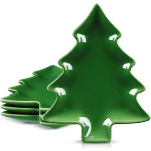 FillTouch 4 Pcs 5.91'' Christmas Tree Ceramic Plates Xmas Candy Dishes Serving Bowl Dessert Platters Tray for Snacks Cookies Treats Winter Party Supplies Decorations (Dark Green)