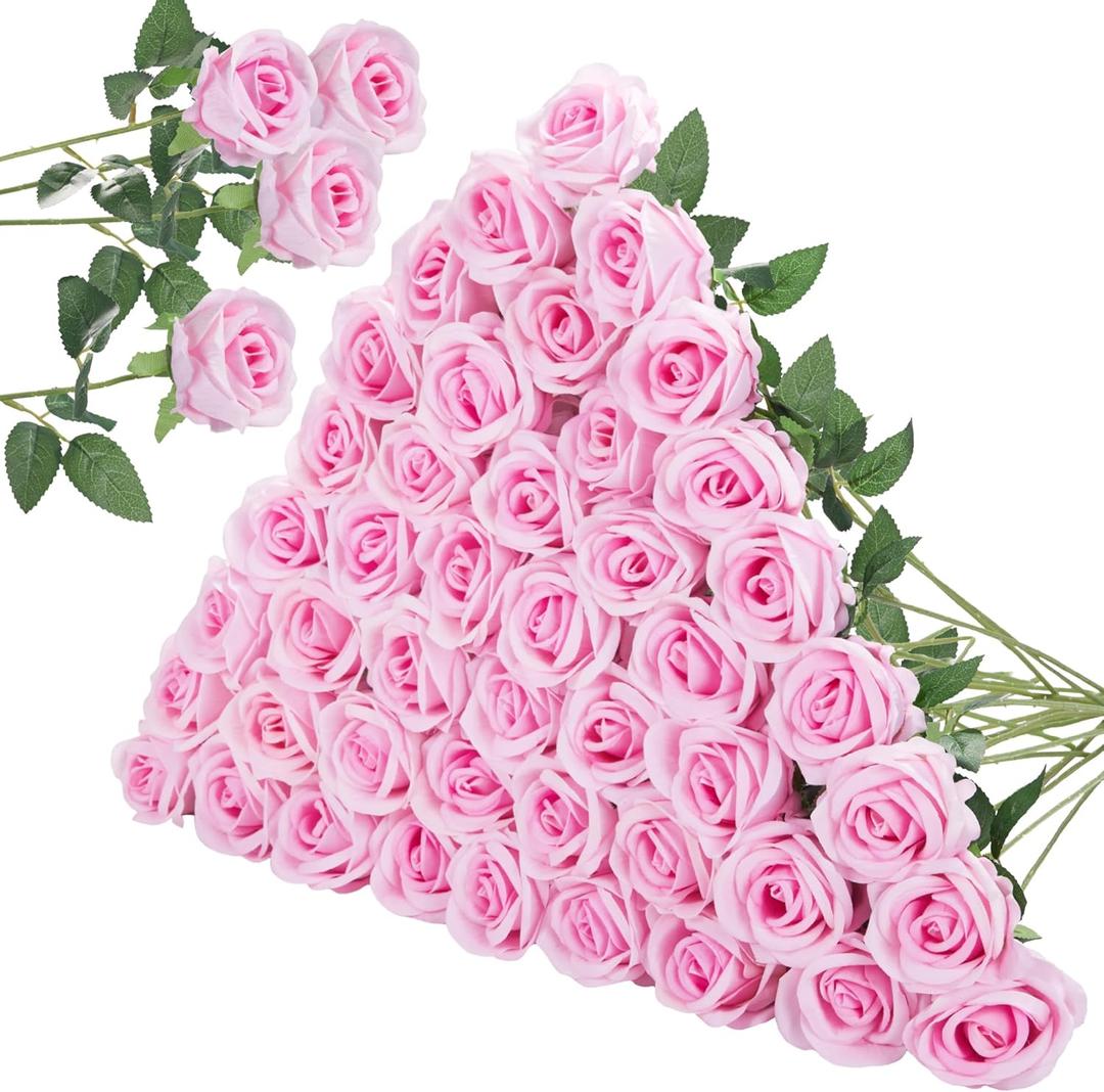InnoGear 50 Pcs Pink Roses Artificial Flowers, Fake Velvet Silk Rose Bulk Faux Flower for Decoration DIY Wedding Centerpieces Proposal Bridal Bouquets Shower Party Home Floral Decor (50, Pink) 