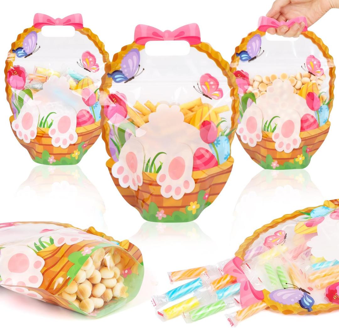 CCINEE 60 Packs Easter Treat Bags Bulk, Easter Gifts Bags with Handle Sealing Bunny Goodie Cellophane Ziplock Bag Bulk for Classroom School Party Favors Gift Exchange (Pastel)
