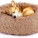 DUMOS Calming Donut Cat & Dog Bed for Small Dogs, Machine Washable Cuddle Warming Cozy Fluffy Faux Fur Plush Round Dog Bed, Anti-Anxiety Waterproof Anti-Slip Pet Bed, Brown, 14×14×4 Inches
