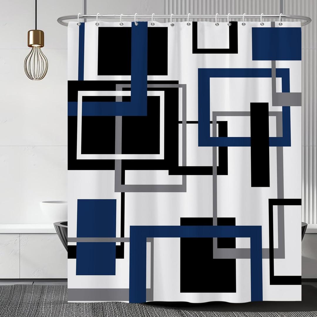 Renaiss 72x72 Inches Navy Blue Geometric Shower Curtain Black and Grey Modern Geometric Bath Curtain Abstract Minimalist Fabric Shower Curtain for Bathroom Decor Set Polyester Waterproof with Hooks