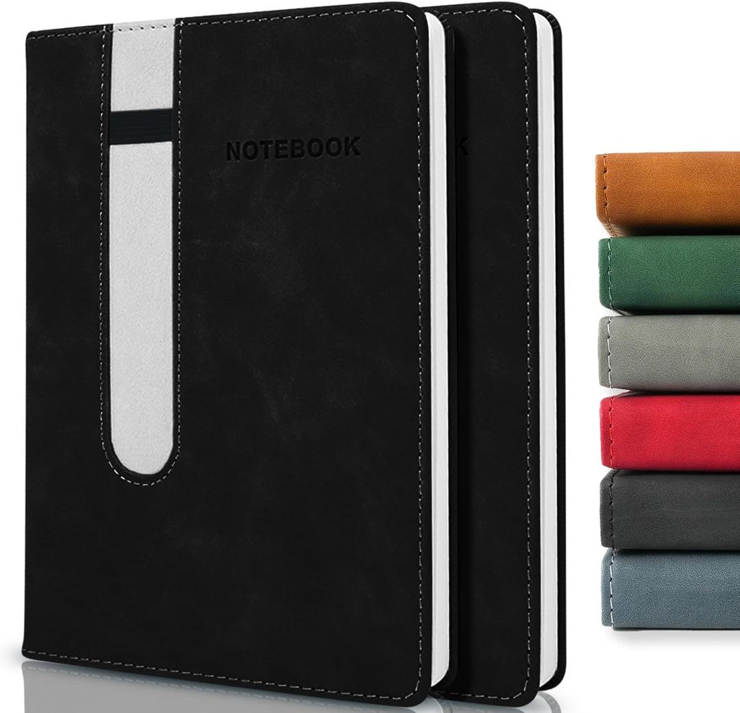 Lined Journal Notebook, 240 Pages, A5 5.7" x 8.3", PU Leather Journals with Elastic Pen Holder, 80 GSM Thick Paper, Water-Resistant Hardcover Notebooks for Writing Journaling Office School - Black, 2 Pack