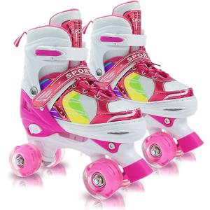 Adjustable Kids Roller Skates for Girls and Boys Ages, All 8 Wheels of Girl's Skates Shine, Safe and Fun Illuminating for Outdoor Indoor Sports (Dark Pink, Small-Little Kid (10C-13C))