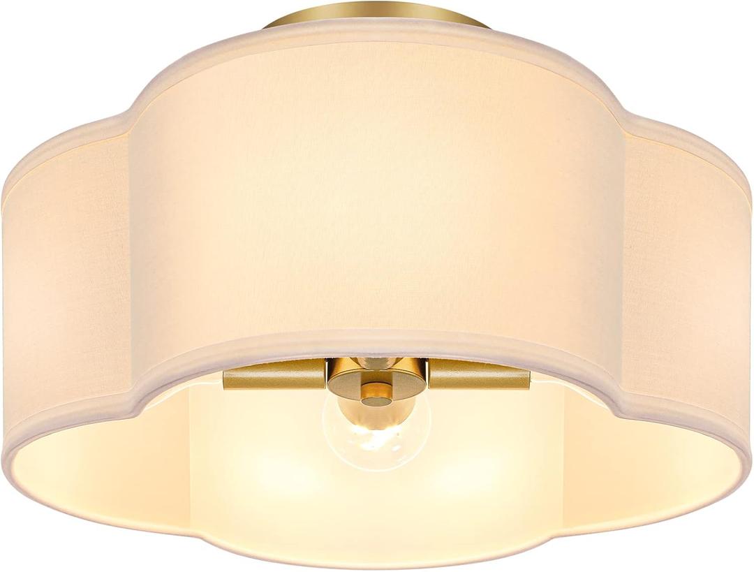 4-Light 14.4'' Semi Flush Mount Ceiling Light Fixture, Gold Modern Close to Ceiling Lamp with White Fabric Shade, Farmhouse Bright Lighting Brass Finish for Nursery Kids Room Bedroom Hallway Entryway
