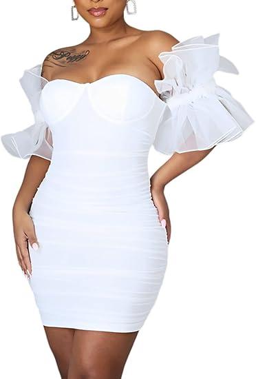 Sexy White Dresses for Women Bodycon Off Shoulder Short Mesh Sleeve Cocktail Party Dress White, Size M