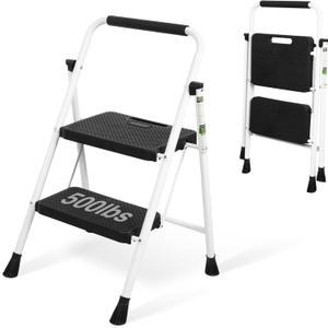 2 Step Ladder, Portable Steel Folding Step Stool with Wide Anti-Slip Pedal & Convenient Handgrip, 500lbs Sturdy Steel Ladder, White