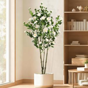 Faux Camellia Flower Tree 7ft(82in) Artificial Floor Plant for Indoor Decor Realistic Greenery Potted Tree with White Blooming Flowers and Natural Wood Trunk for Home Living Room,Office,Porch Decor (6ft)