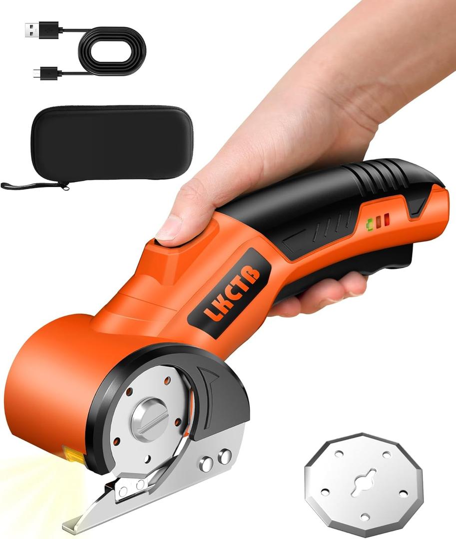 Electric Cardboard Cutter Scissors with LED Light, 2600mAh Rechargeable Battery, Brushless Motor, Tungsten Steel Blade, Cuts Cloth, Leather, Carpet, light orange