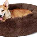 Bedsure Calming Dog Bed for Medium Large Dogs - Donut Washable Large Pet Bed, 33 inches Anti-Slip Round Fluffy Plush Faux Fur Dog Bed, Coffee