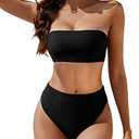 YACUN Women's High Waisted Bikini Swimsuit Two Piece Strapless Bandeau Cheeky Bathing Suits, Extra Large, Black