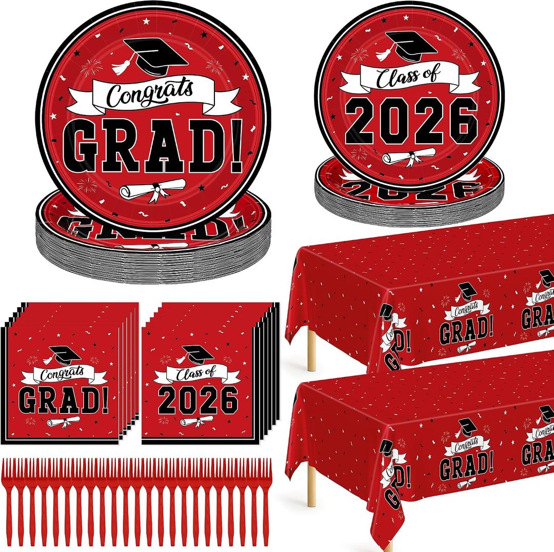 QZYL 122 Pcs Graduation Decorations 2026 Set, Disposable Class of 2026 Graduation Dinnerware, Red Grad Plates and Napkins Forks Tablecloth Congrats Grad Paper Dinnerware Serve 30 Party Decorations