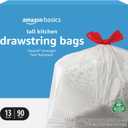 Amazon Basics 13 Gallon Tall Kitchen Drawstring Trash Bags, Flextra Strength, Tear Resistant, 10% Post Consumer Recycled, 90 Count, White