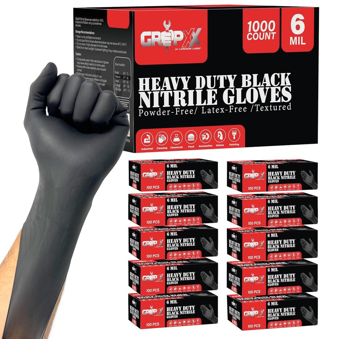 Heavy Duty 6 Mil Black Nitrile Gloves - Disposable, Latex & Powder Free | Mechanic, Food Prep & Tattoo | Rubber Gloves for Cooking, Cleaning & Household |Bulk Case of (1000) (Medium)