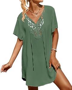 SimpleFun Swim Coverups for Women 2025 Short Sleeve V Neck Lace Swimsuit Cover Up Dress Green Bathing Suit Cover Ups 3XL