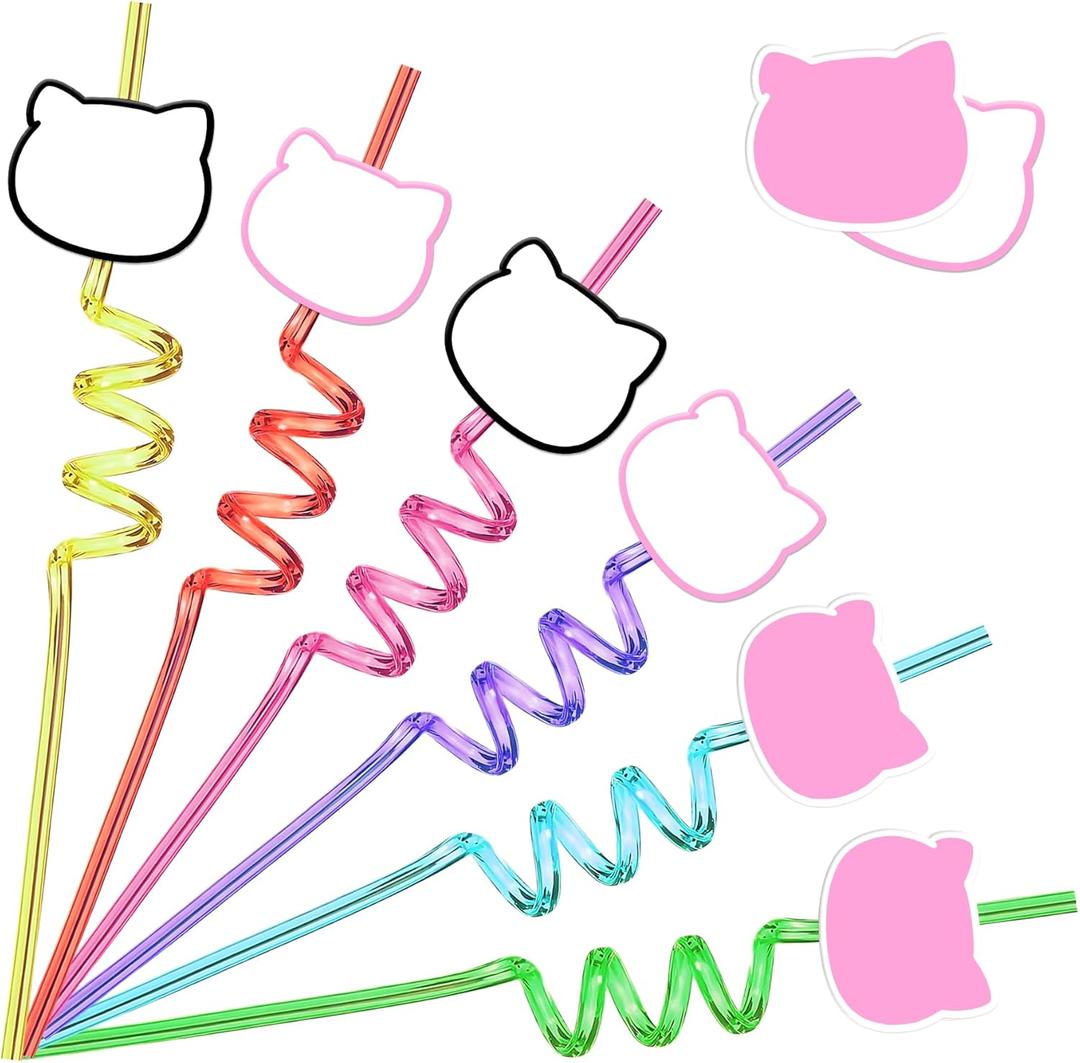 AMFZON 24 Kitty Birthday Party Favors Reusable Plastic Cat Drinking Straws 6 Designs for Kids Party Goodie Bags Stuffers Supplies