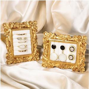 2Pcs Vintage Ring Holder Gold Rectangle Jewelry Display Stand Velvet Jewelry Box Stand Frame Necklace Organizer Earring Tray for Birthday Anniversary Engagement Wedding Decoration
