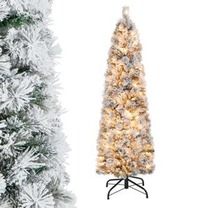 4.5 FT Pre-Lit Slim Christmas Tree Flocked Decoration with Pine Needles & Lights