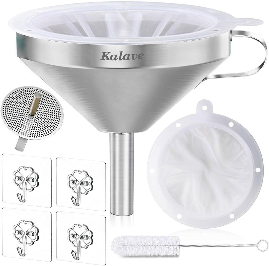 KALAVE Premium Stainless Steel Funnel, 5 Inch Food Grade Kitchen Funnels with 200 Mesh Food Filter Strainer for Filling Bottles, Oils, Juice, Wine, Coffee, Milk