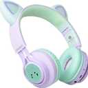 Riwbox Kids Wireless Headphones, CT-7S Cat Ear Bluetooth, 85dB Volume Limiting, LED Light Up Over Ear with Microphone for Laptop/PC/TV (Purple&Green)