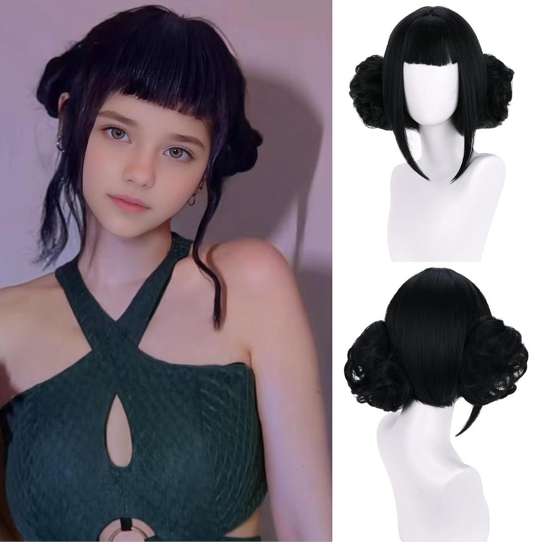 Short Black Wig with Buns for Kids Gilrs Short Black wig With Bangs Cartoon Movie Halloween Cosplay Costume Animie Wigs