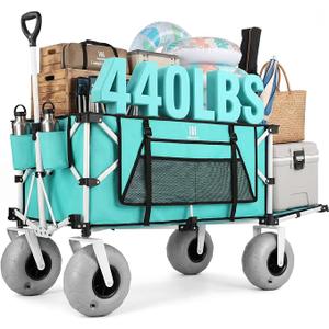 Navatiee 260L Beach Wagon with Extended Tailgate, 440lbs Heavy Duty Beach Cart with 9 Big Balloon Wheels for Sand, Collapsible Folding Wagon with Side Pocket for Outdoor, Light Blue