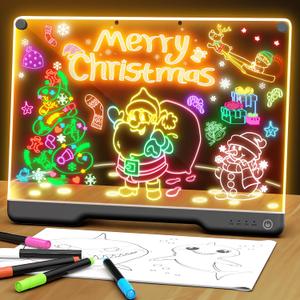 Portable LED Note Board with Colors, Rechargeable 16-inch 7 Light Effects Doodle Glow Memo Message Dry Erase Drawing Lumi Board with Stand for Gift/Classroom/Office/Kids, 5 Markers & Sketchbook