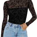 Zeagoo Womens Mesh Sheer Long Sleeve Top Mock Turtle Neck See Though Shirts Ruched Sexy Casual Going Out Blouses (Small, Black Floral)