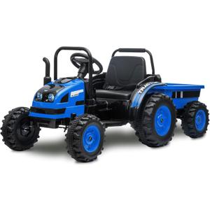 Kids Ride On Tractor with Trailer, 12V Battery Powered Electric Tractor with Remote Control, Music, USB, Led Lights, Audio, Safety Belt, 35W Dual Motors, Unload Button, Blue
