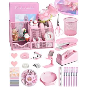 Pink Desk Accessories, 24Pcs Pink Office Supplies and Desk Organizers, with Tape Dispenser, Stapler, Staple Remover, Ect, Gift Box Packaging