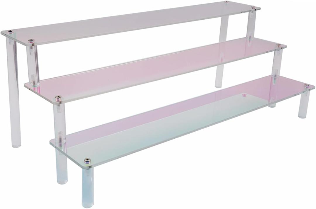 MY MIRONEY 3 Tier Acrylic Riser Display Shelf Iridescent Display Stand Figurines Decoration Organizer Cupcakes Holder for Display Food Desserts Collectibles Perfume Makeup(15.75" x 7.28" x 5.91")